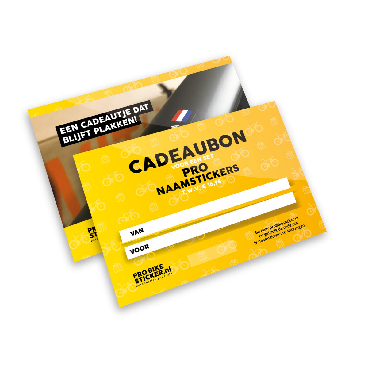 Gele cadeaubon voor een set naamstickers Pro, een origineel cadeau voor een wielrenner