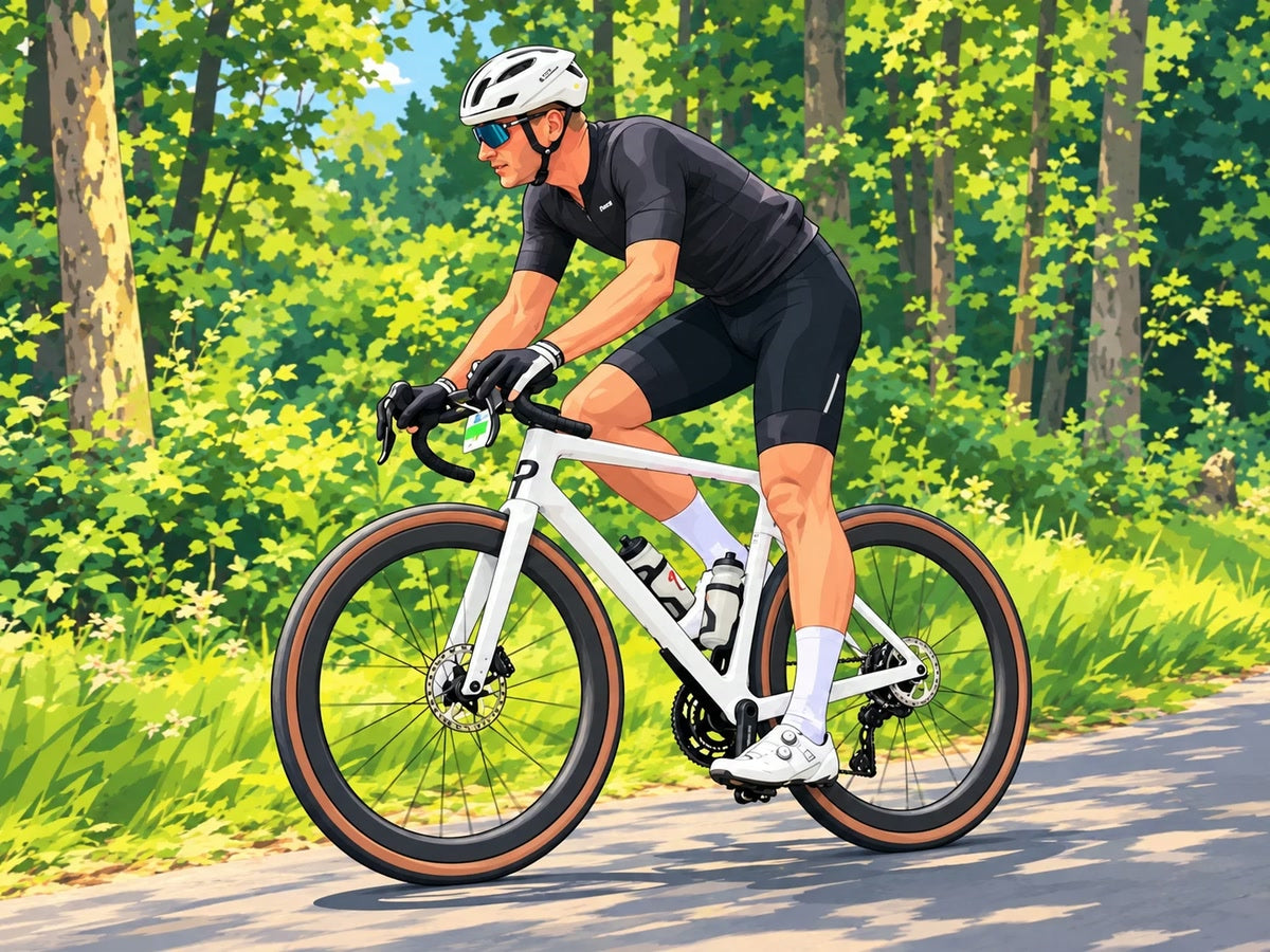 Illustratie van Sander van ProBikeSticker op een witte racefiets langs een bosweg